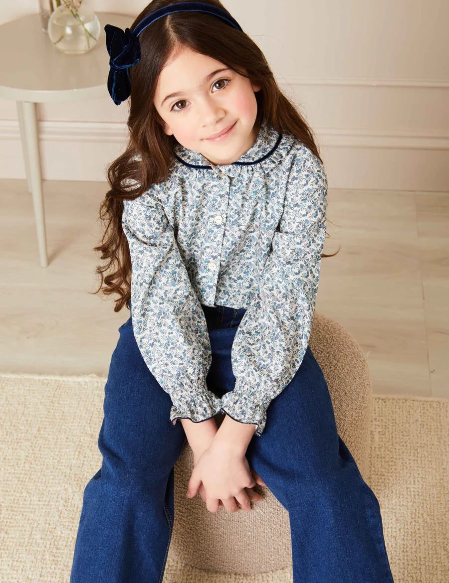Evelyn Floral Long Sleeve Blouse in Blue (3-10yrs) Blouses from Pepa London