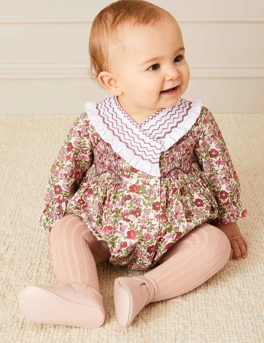 Daphne Floral Hand Smocked Romper in Pink (6mths-2yrs) Rompers from Pepa London
