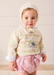 Alpaca Wool Cottage Cross Stitch Embroidered Jumper in Cream (6mths-4yrs) Knitwear from Pepa London