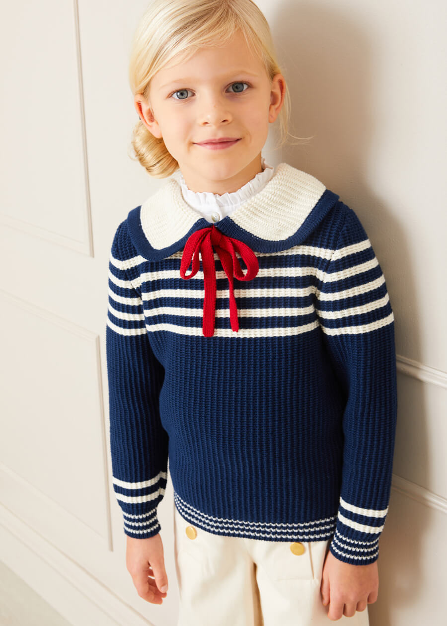 Striped Mariner Collar Jumper in Navy (12mths-10yrs) Knitwear from Pepa London