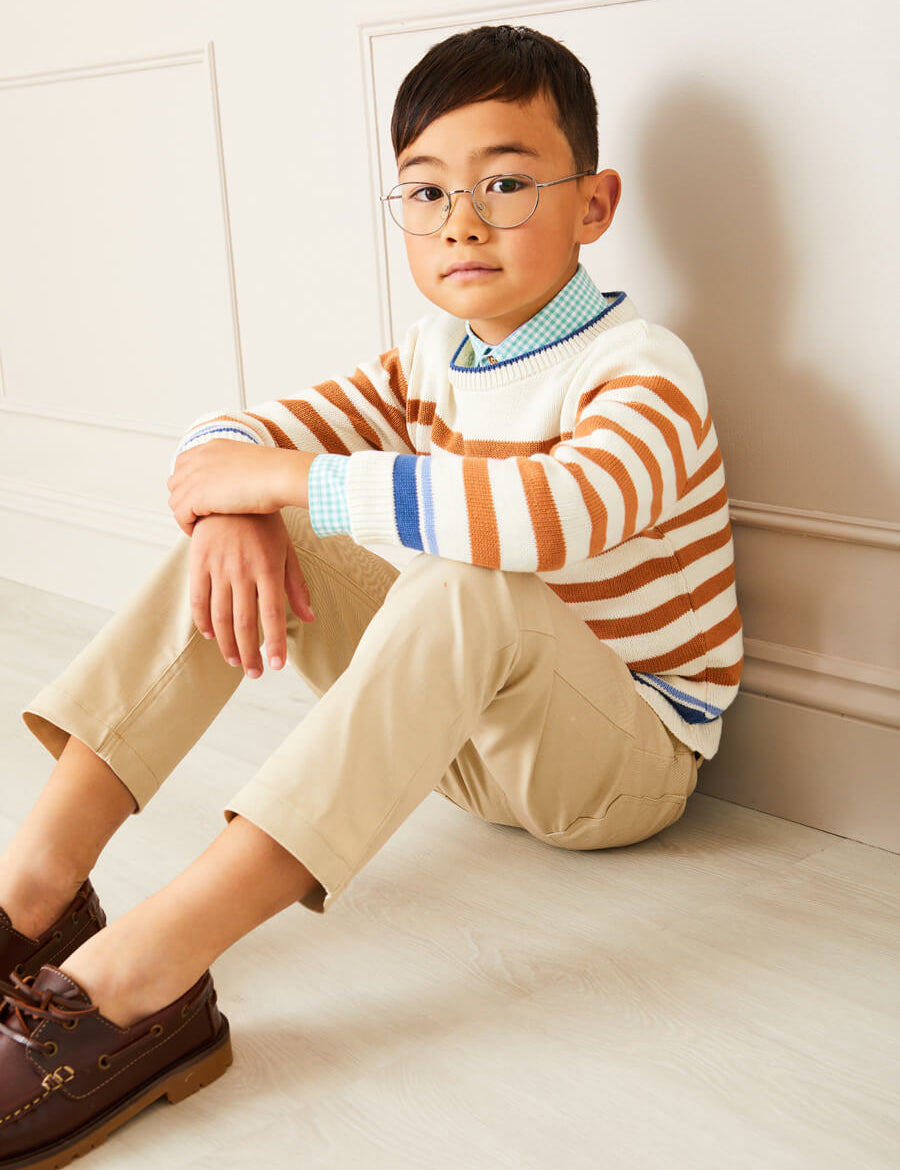 Striped Crewneck Jumper in Camel (12mths-10yrs) Knitwear from Pepa London