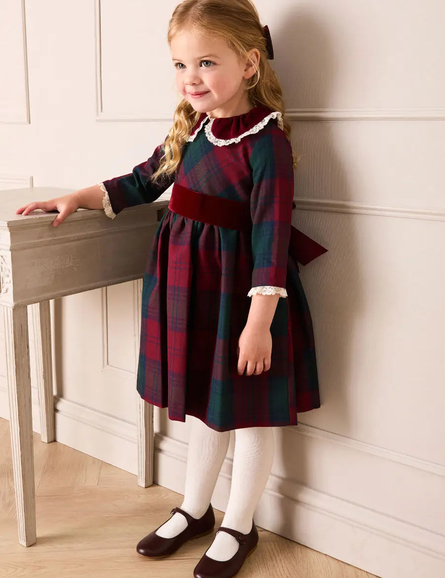 Grosvenor Tartan Lace Detail Velvet Bow Dress in Red (12mths-12yrs) Dresses from Pepa London