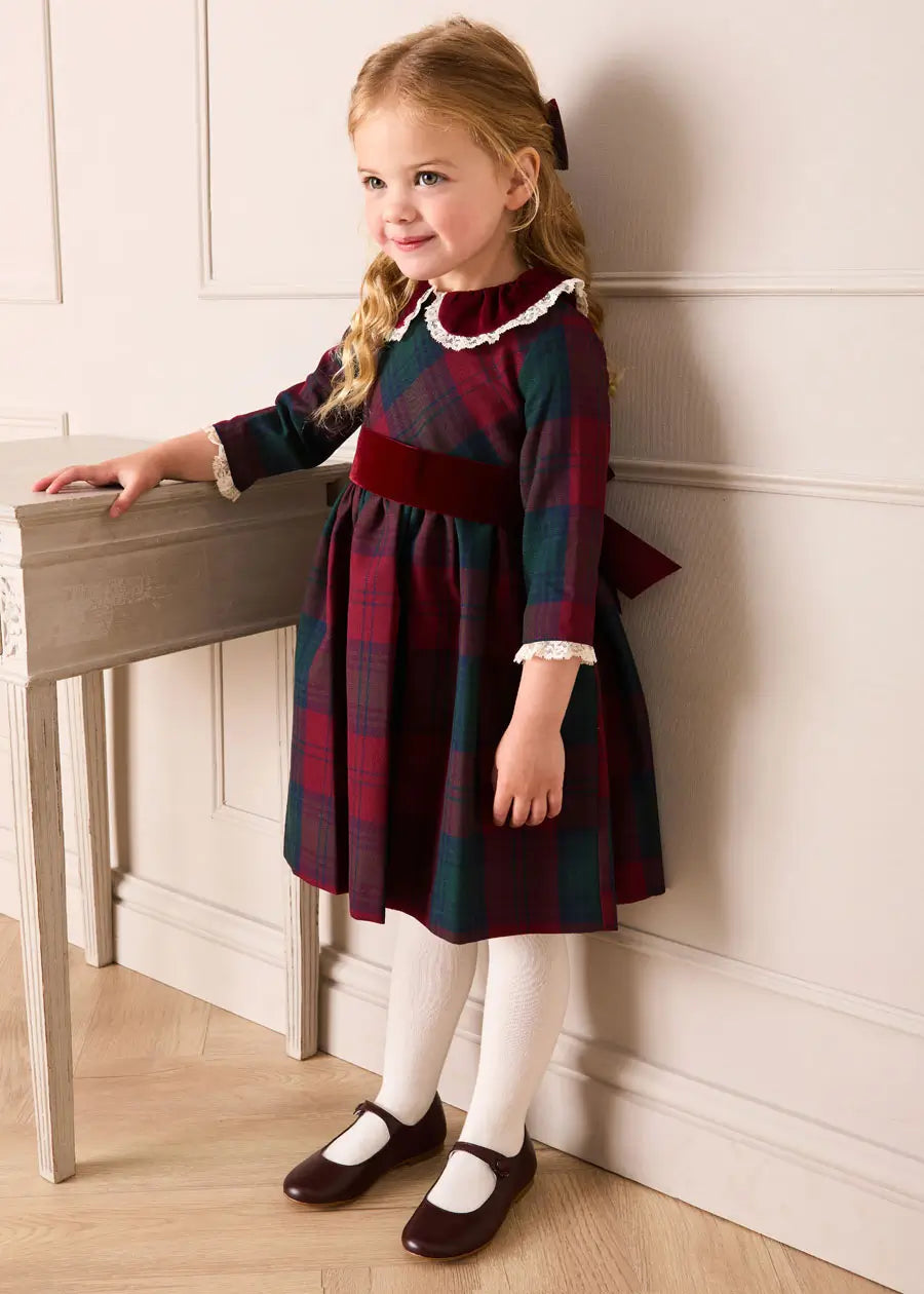 Grosvenor Tartan Lace Detail Velvet Bow Dress in Red | Pepa London Grosvenor Tartan Lace Detail Velvet Bow Dress in Red | Pepa London