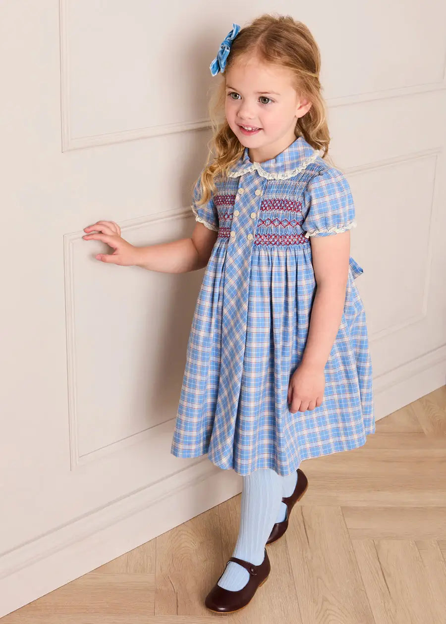 Denby Check Hand Smocked Double Breasted Short Sleeve Dress in Blue | Pepa London Denby Check Hand Smocked Double Breasted Short Sleeve Dress in Blue | Pepa London
