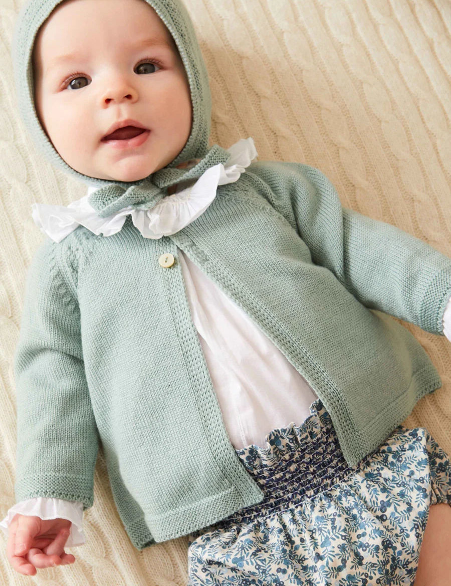 Two Button Baby Cardigan in Green (1-9mths) Knitwear from Pepa London