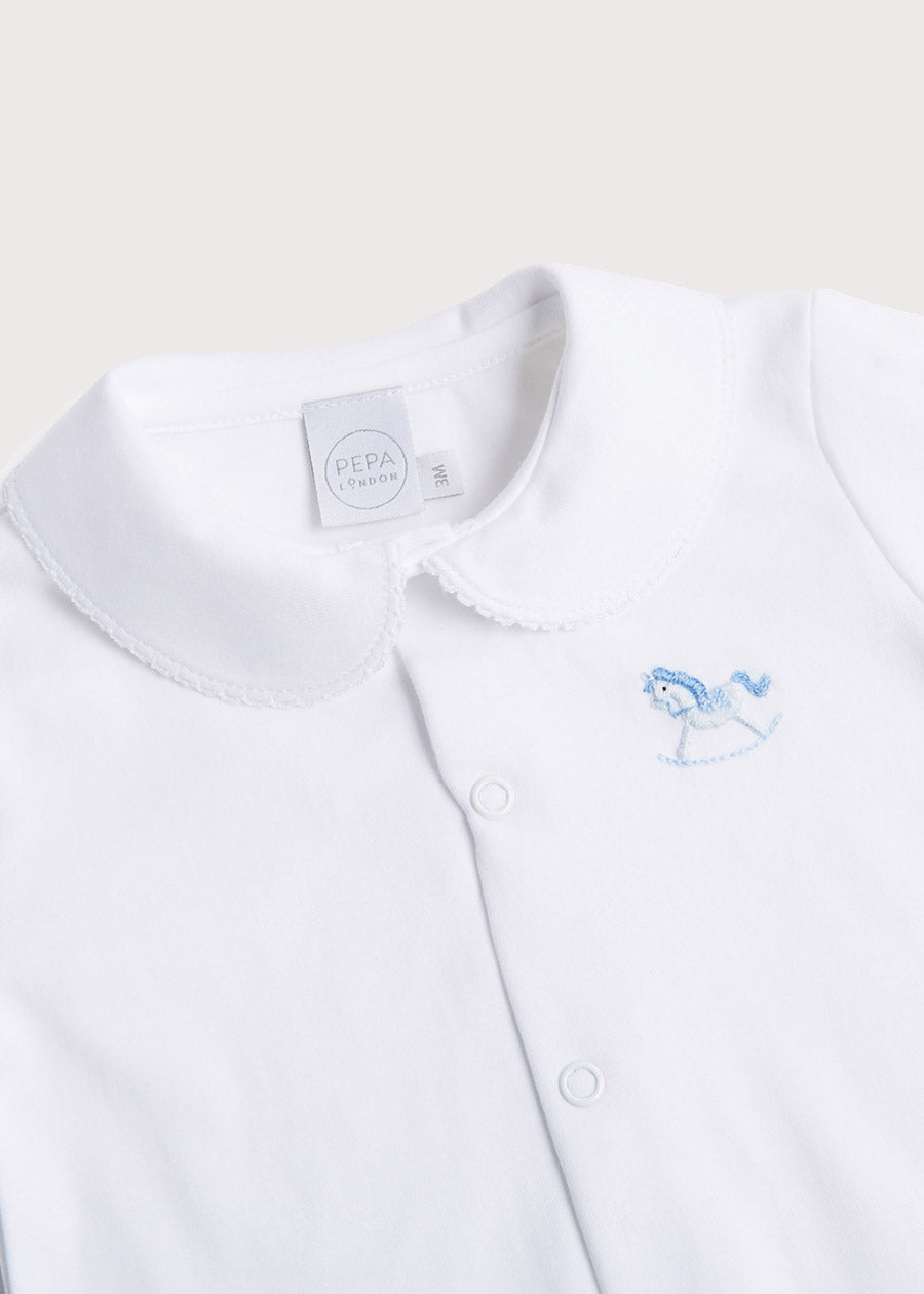 Newborn All-In-One With Rocking Horse Embroidery In Blue (1-6mths) Tops & Bodysuits  from Pepa London