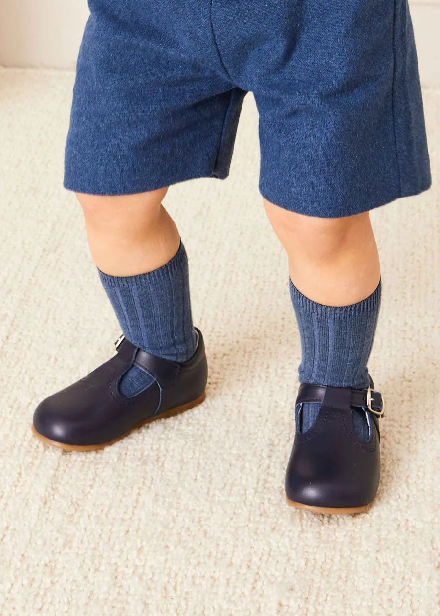 Leather T Bar Baby Shoes in Navy (20-26EU) - Main Image