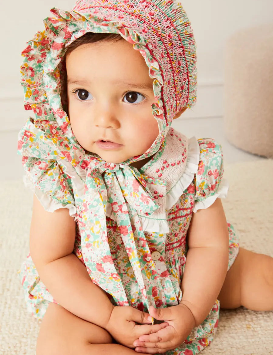 Clementine Floral Hand Smocked Bonnet in Coral (S-M) BONNETS from Pepa London