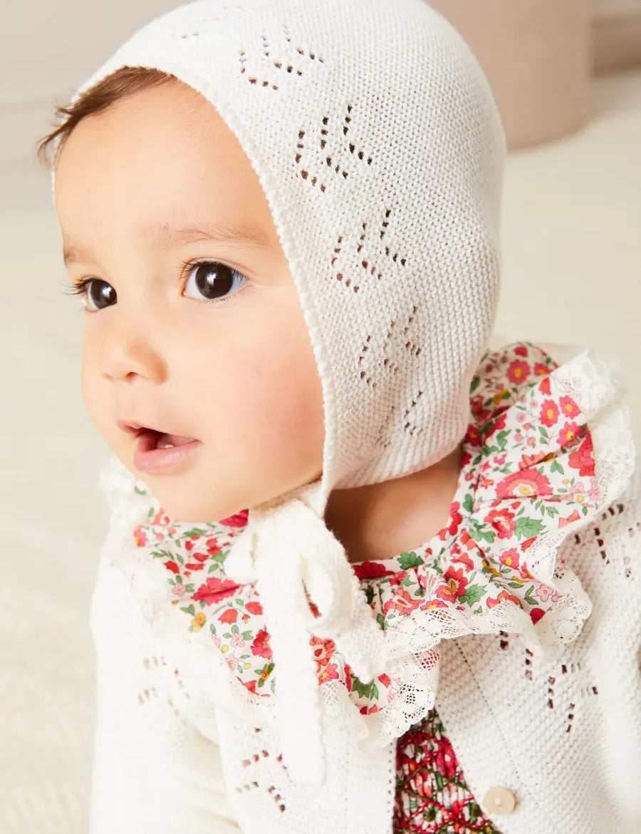Openwork Cotton Knitted Bonnet in Cream (S-L) BONNETS from Pepa London