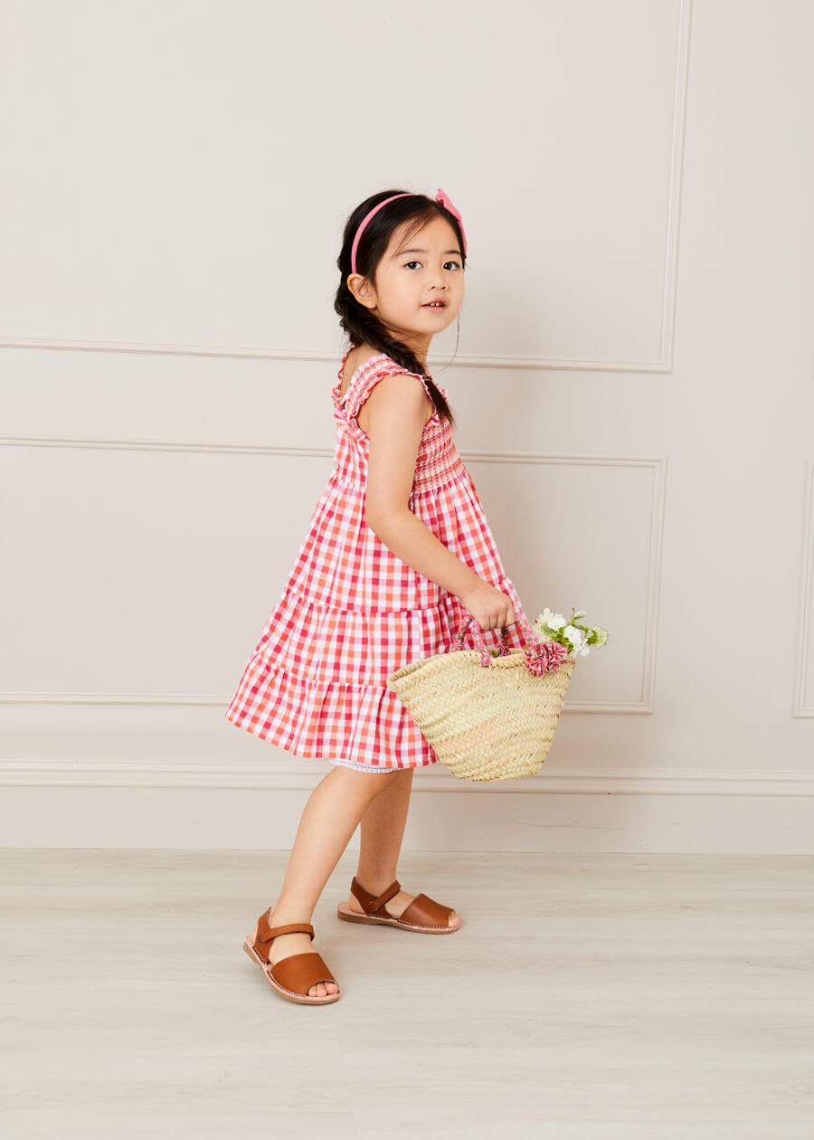Check Smocked Strappy Dress in Coral (2-10yrs) Dresses from Pepa London