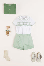 Hand Smocked Peter Pan Collar Short Sleeve Two Piece Set in Green (18mths-6yrs) Two Piece Set  from Pepa London