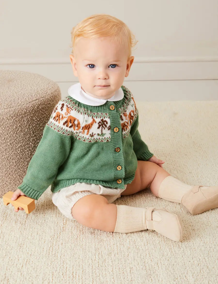 Safari Intarsia Cardigan in Green (6mths-6yrs) Knitwear from Pepa London