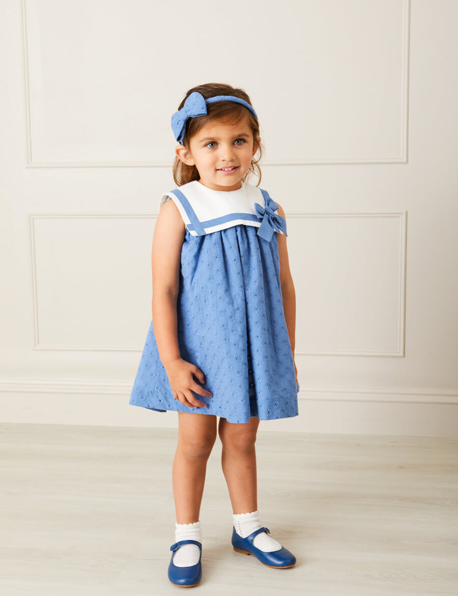 Broderie Anglaise Medium Bow Headband in Blue Hair Accessories from Pepa London