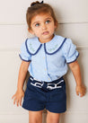 Floral Embroidered Collar Short Sleeve Blouse in Blue (18mths-10yrs) Blouses  from Pepa London