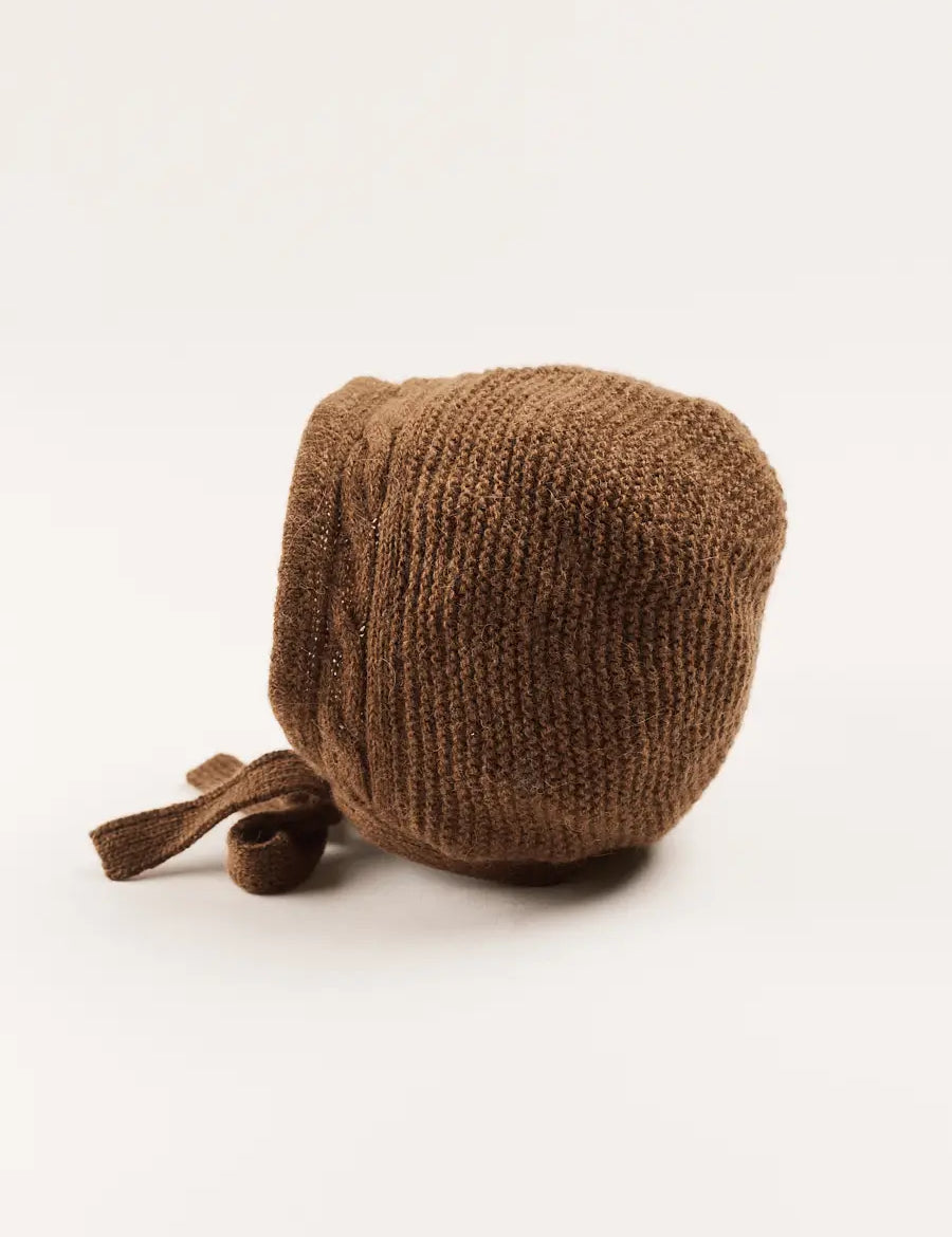 Cable Detail Knitted Bonnet in Brown (S-L) Knitted Acc from Pepa London