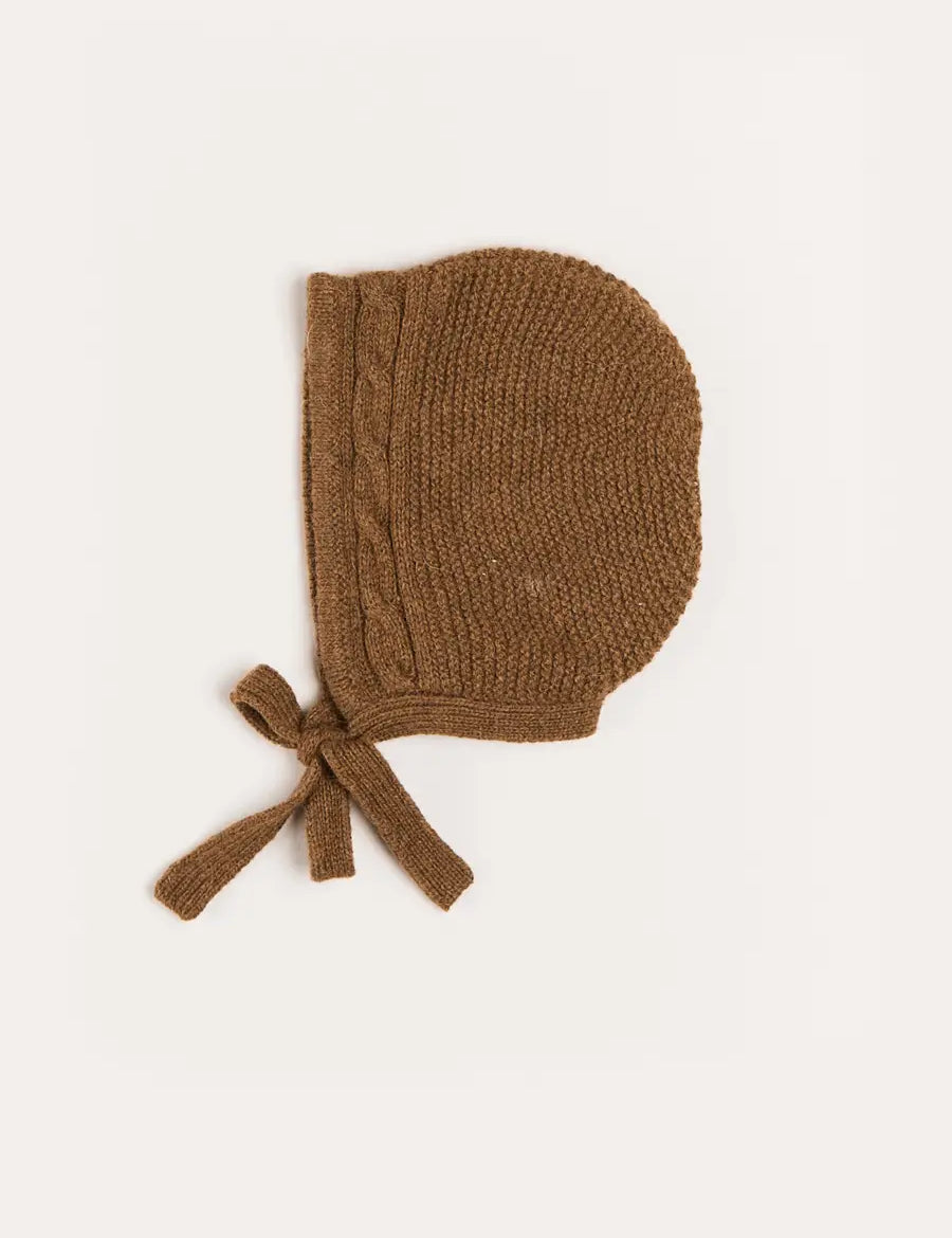 Cable Detail Knitted Bonnet in Brown (S-L) Knitted Acc from Pepa London