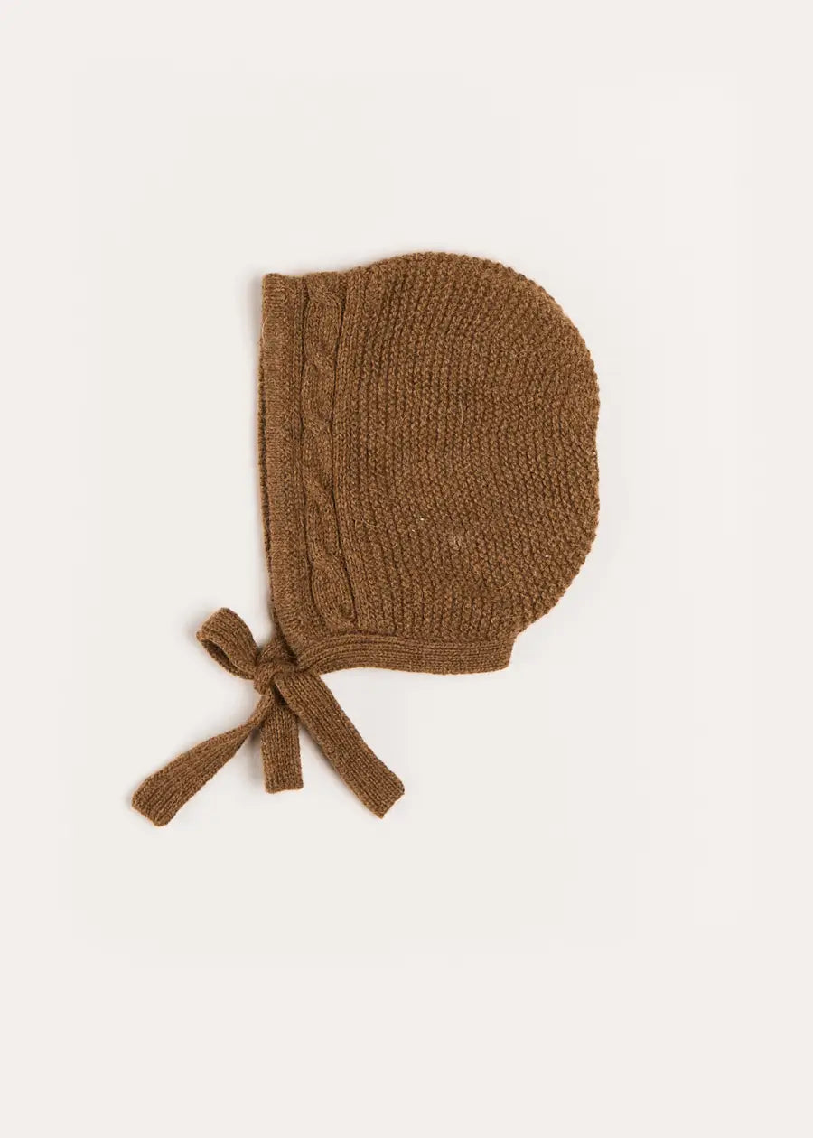 Cable Detail Knitted Bonnet in Brown (S-L) Knitted Acc from Pepa London