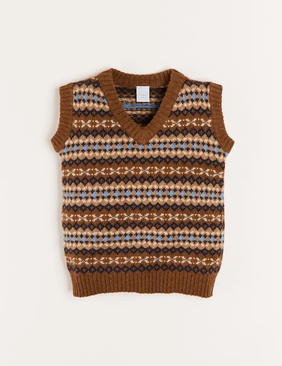 All Over Fair Isle Vest in Camel (4-10yrs) Coats from Pepa London