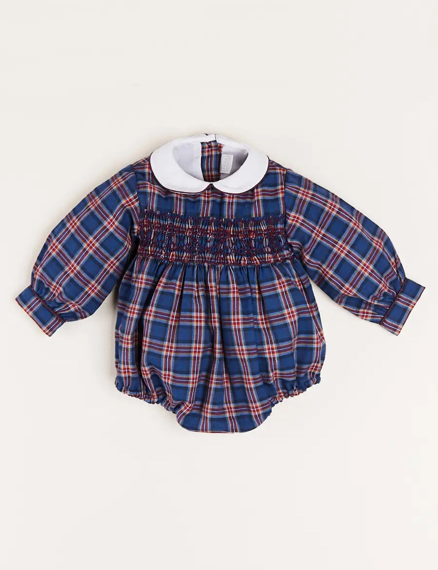 Eaton Check Hand Smocked Romper in Navy (6mths-2yrs) Rompers from Pepa London