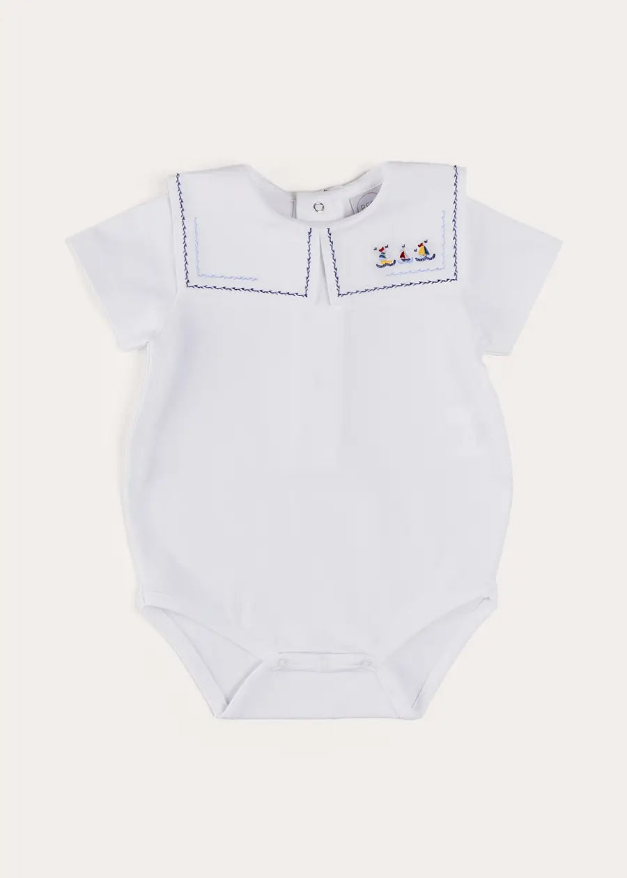 Boat Embroidery Statement Collar Short Sleeve Bodysuit in White (3mths-2yrs) TOPS & BODYSUITS from Pepa London