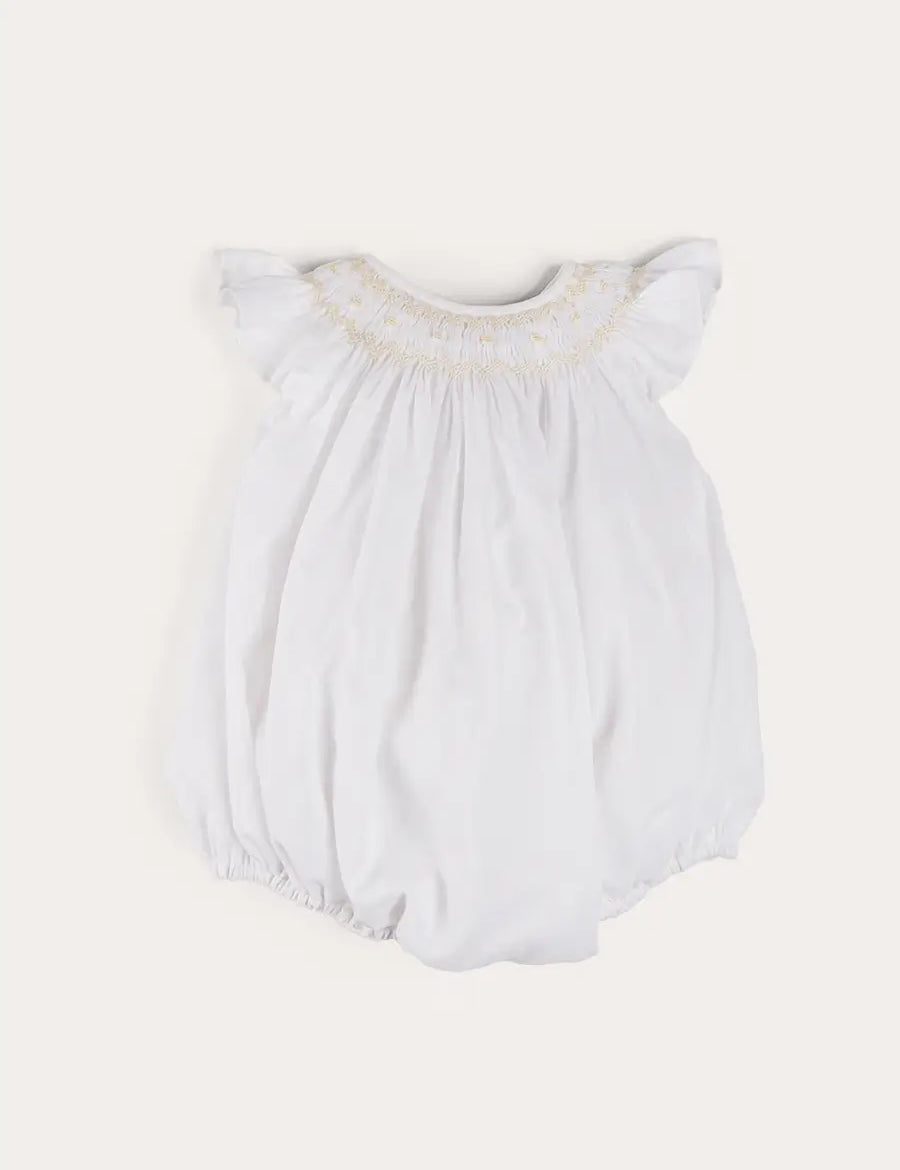 Hand Smocked Sleeveless Romper in White (3-18mths) ROMPERS from Pepa London