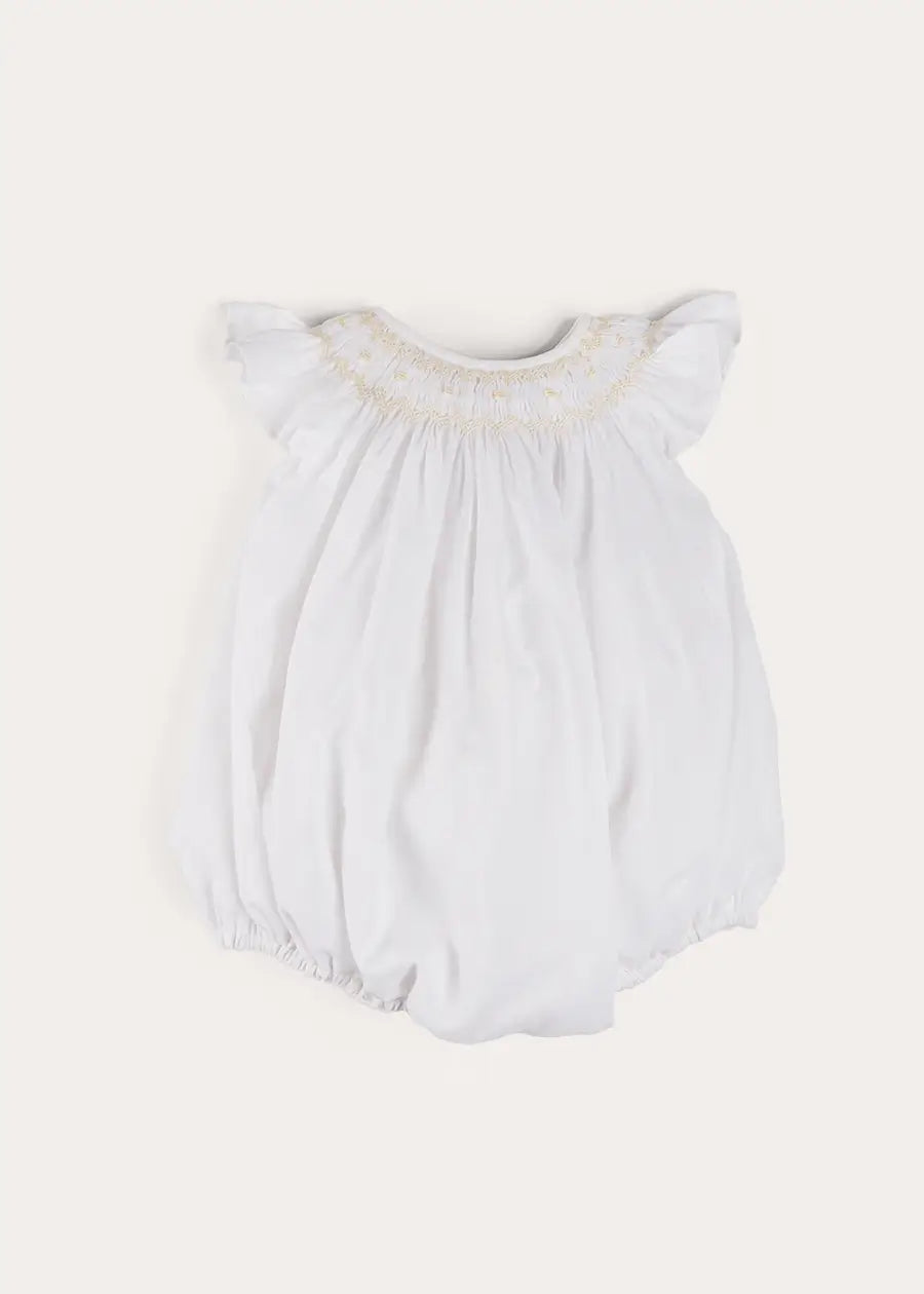 Hand Smocked Sleeveless Romper in White (3-18mths) ROMPERS from Pepa London