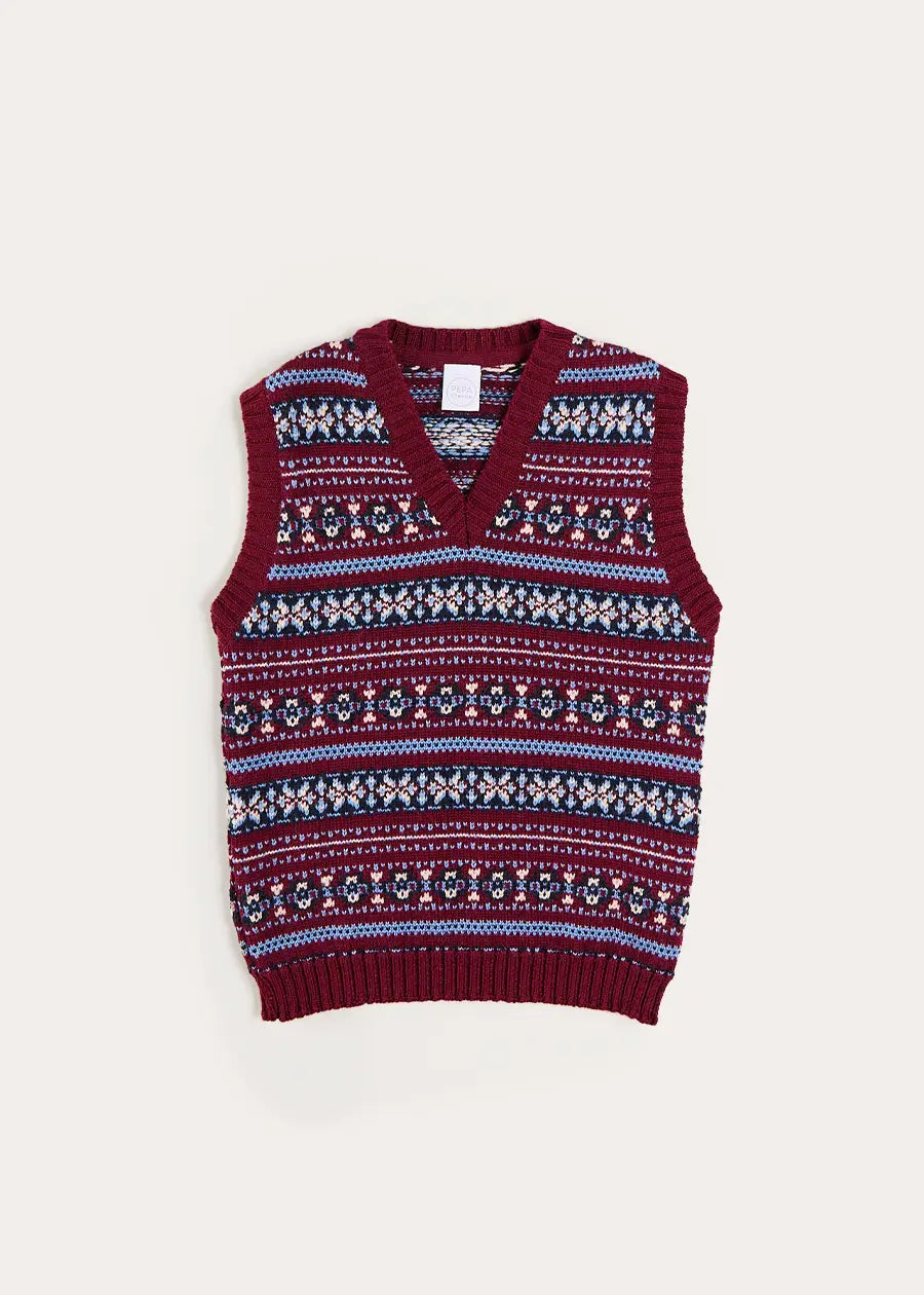 Jacquard Knit Sweater Vest in Burgundy (4-10yrs) Knitwear from Pepa London