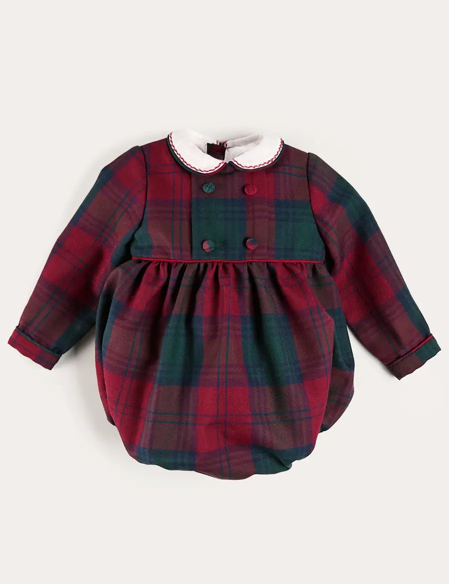 Grosvenor Tartan Peter Pan Collar Long Sleeve Romper in Red (6mths-3yrs) Rompers from Pepa London