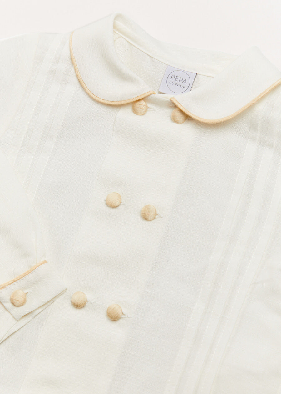 Double-Breasted Peter Pan Collar Long Sleeve Shirt with Beige Silk Piping (18mths-10yrs) Shirts from Pepa London
