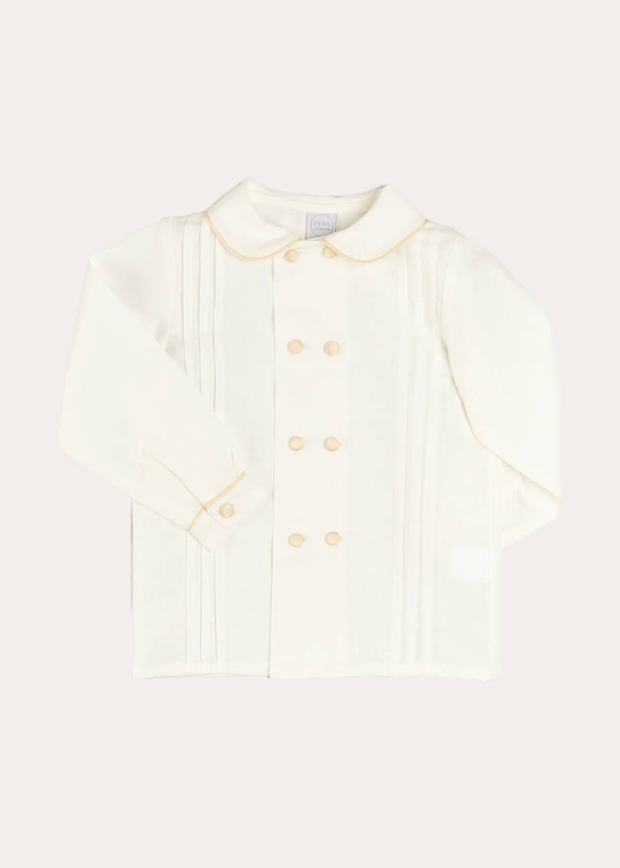 Double-Breasted Peter Pan Collar Long Sleeve Shirt with Beige Silk Piping (18mths-10yrs) Shirts from Pepa London