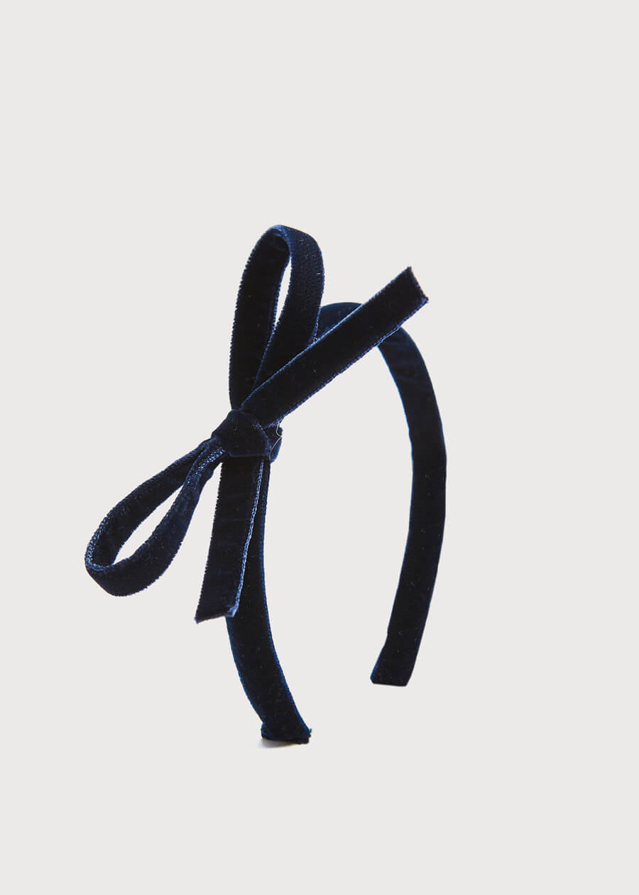Velvet Hairband with Thin Navy Bow Hair Accessories from Pepa London