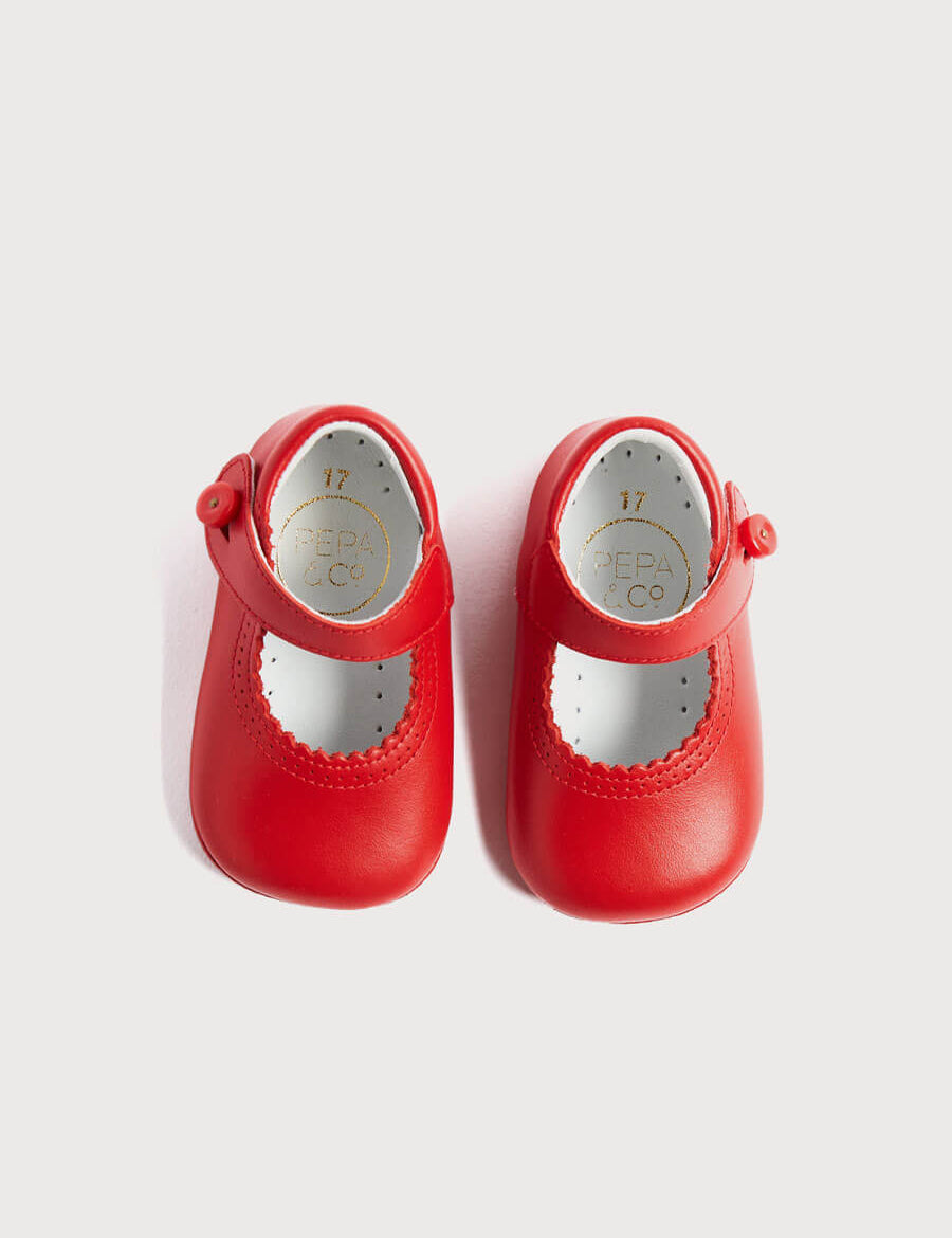 Leather Mary Jane Pram Shoes in Red (17-20EU) Shoes from Pepa London