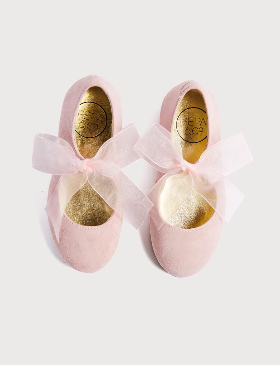 Suede Mary Jane Shoes in Pink With Organza Bow (24-34EU) Shoes from Pepa London