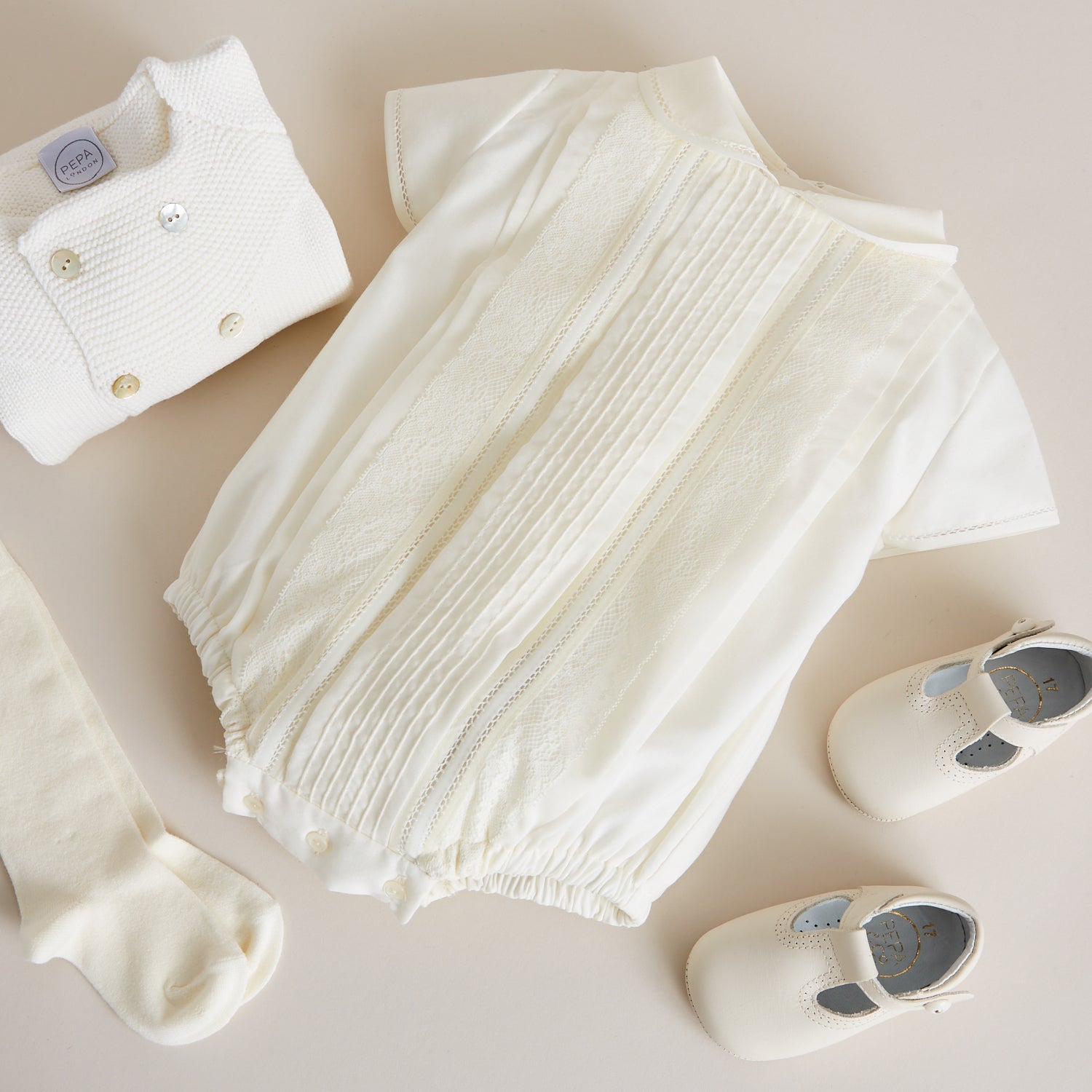 Ivory Panelled Christening Romper (3mths-2yrs) Rompers from Pepa London
