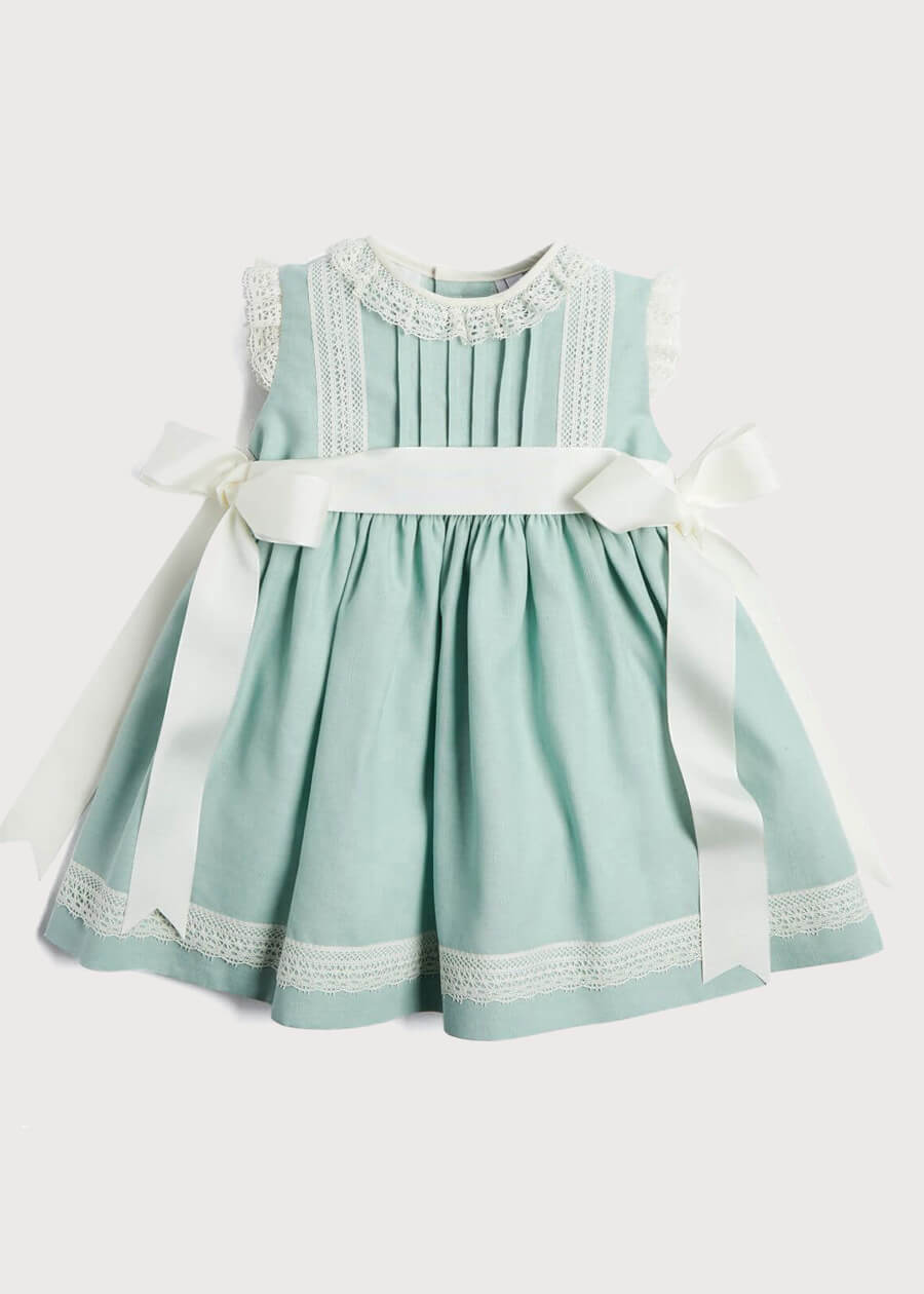 Lace Trim Ivory Bow Dress in Teal (6mths-5yrs) dresses from Pepa London