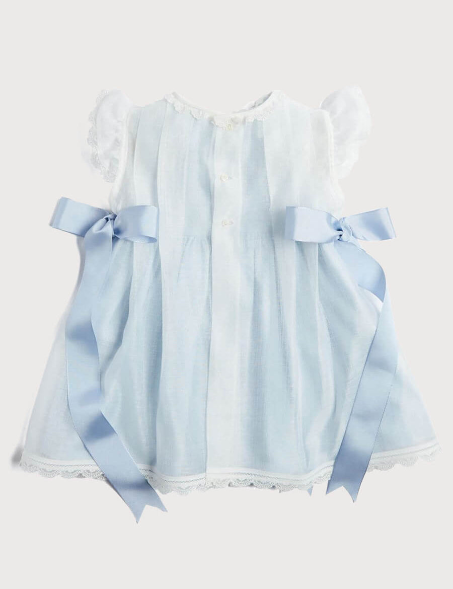 Lace Trim Satin Bow Dress in Pale Blue (6mths-5yrs) Dresses from Pepa London