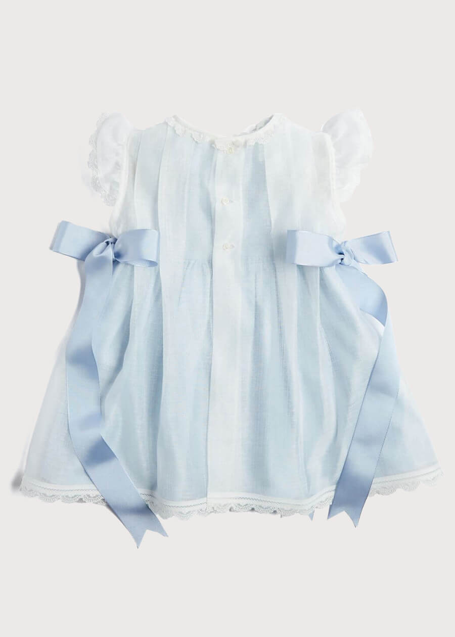 Lace Trim Satin Bow Dress in Pale Blue (6mths-5yrs) Dresses from Pepa London