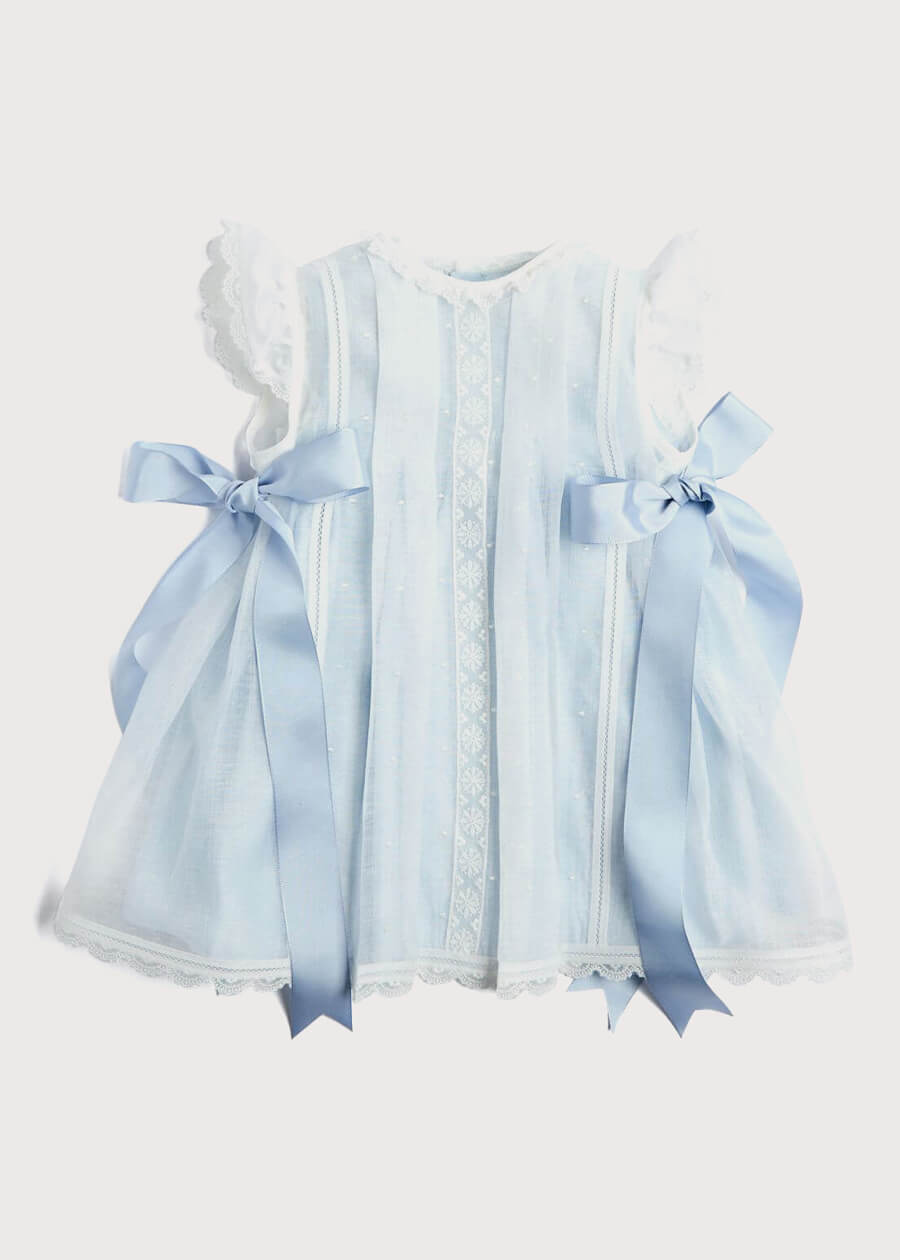 Pepa London The Skye Lace Trim Satin Bow Dress in Pale Blue (6mths-5yrs) Luxury Childrenswear Pepa London The Skye Lace Trim Satin Bow Dress in Pale Blue (6mths-5yrs) Luxury Childrenswear