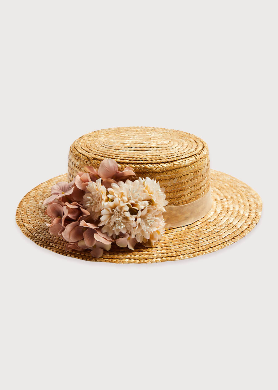 Faux Flower Straw Boater Hat in Pink Accessories from Pepa London