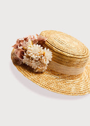 Faux Flower Straw Boater Hat in Pink Accessories  from Pepa London