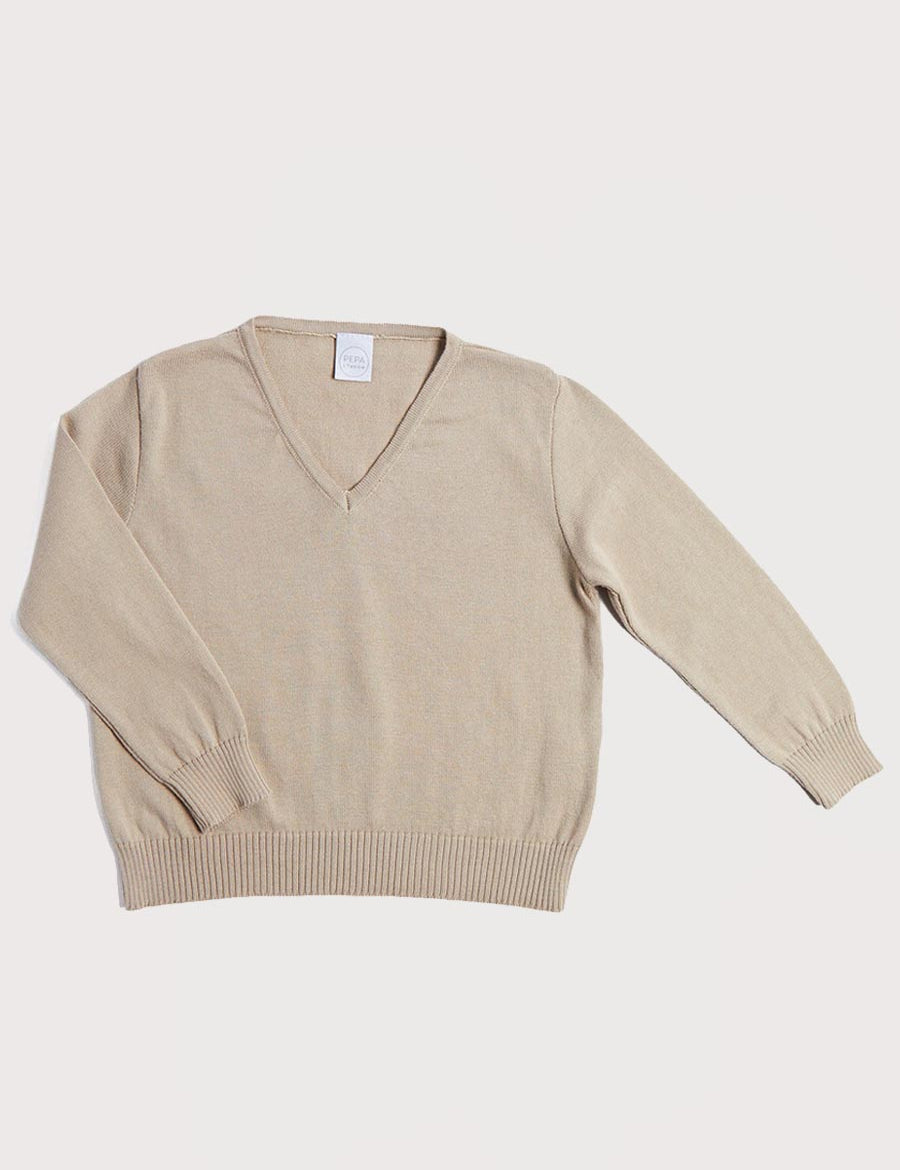 Ribbed Edge V-neck Sweater in Beige (12mths-10yrs) Knitwear from Pepa London