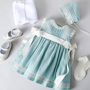 Lace Trim Ivory Bow Dress in Teal (6mths-5yrs) dresses  from Pepa London