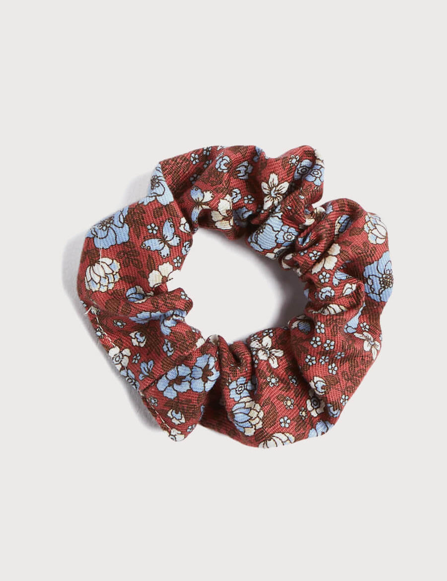 Floral Print Hair Tie Scrunchie in Burgundy Hair Accessories from Pepa London