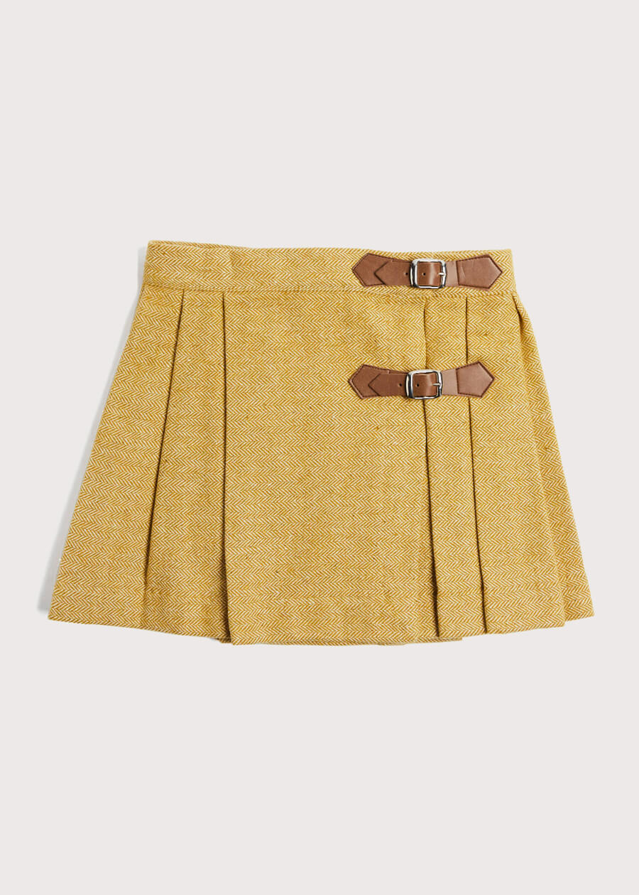 Herringbone Pleated Leather Buckled Kilt in Mustard | Pepa London.