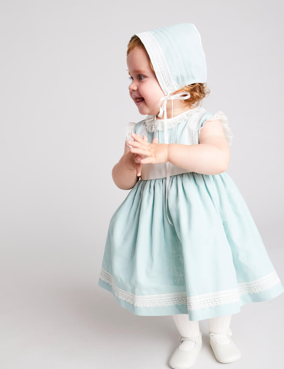 Lace Trim Ivory Bow Dress in Teal (6mths-5yrs) dresses from Pepa London
