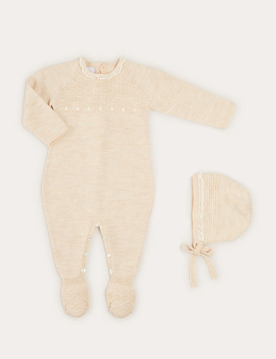 Knitted Lace Trim 2 Piece Set In Beige (1-6mths) ALL-IN-ONE from Pepa London