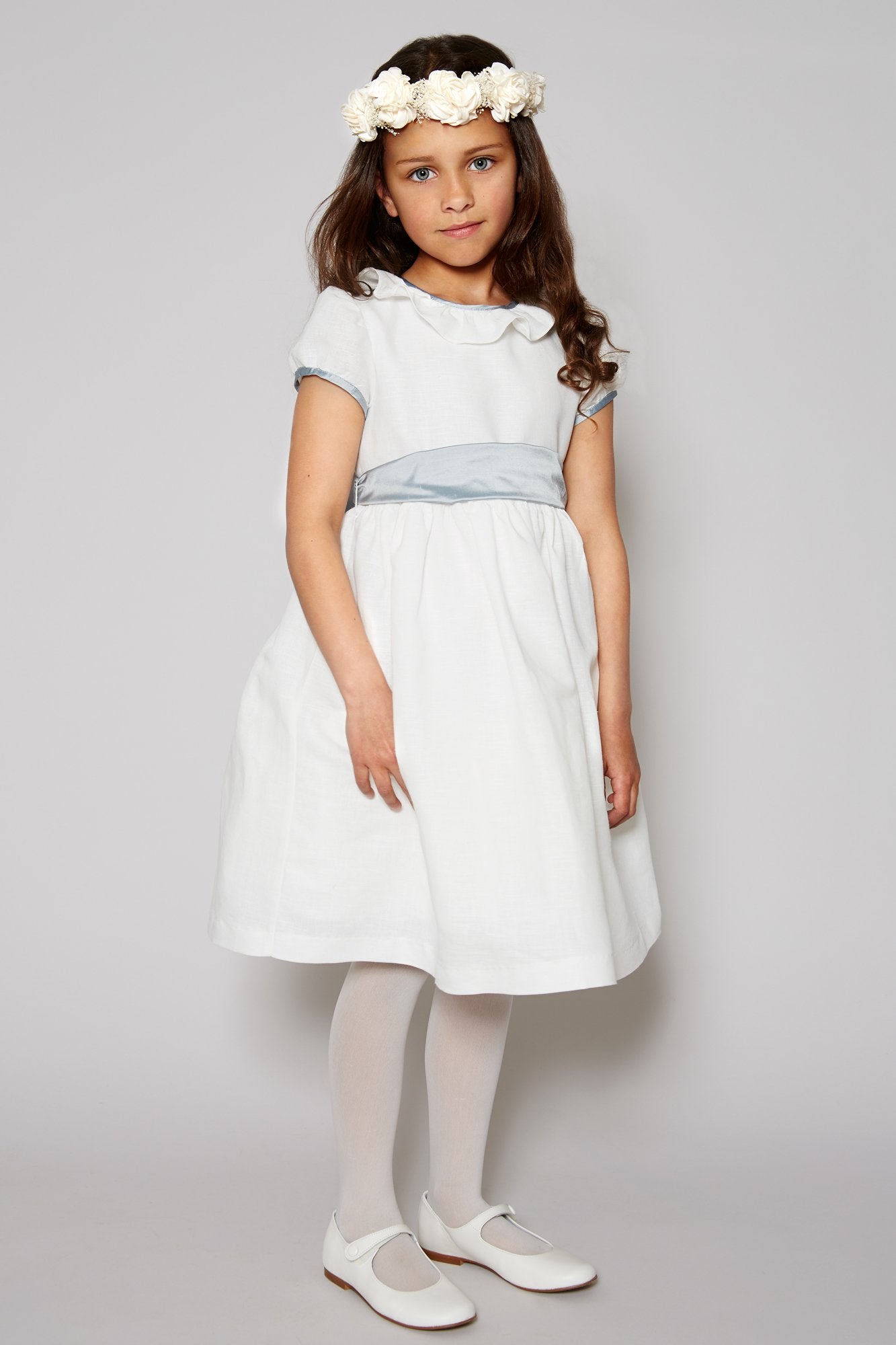 Flower Girl Ivory Dress with Blue Silk Sash (6mths-10yrs) Flower Girl Ivory Dress with Blue Silk Sash (6mths-10yrs)