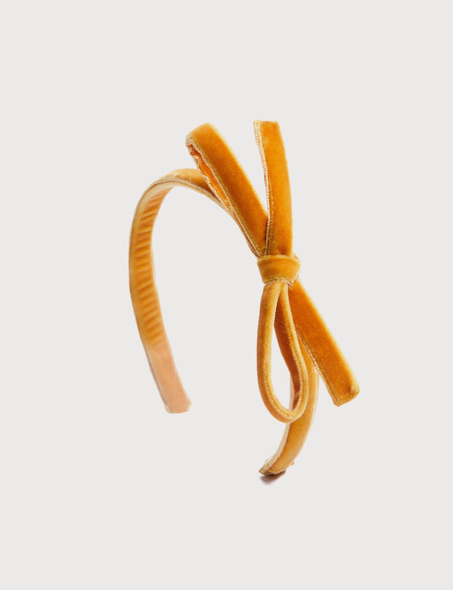 Velvet Hairband With Thin Mustard Bow Hair Accessories from Pepa London