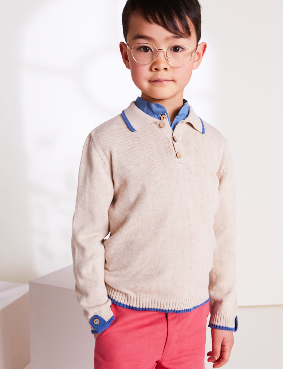 Polo Collar Stripe Sweater in Beige (12mths-10yrs) Knitwear from Pepa London