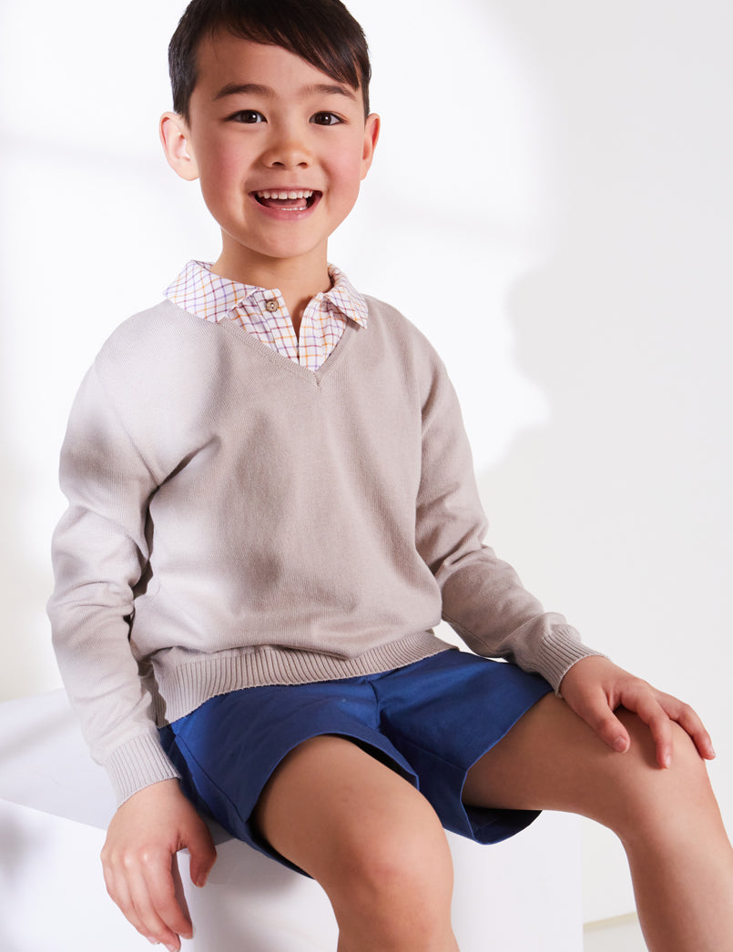 Ribbed Edge V-neck Sweater in Beige (12mths-10yrs) Knitwear from Pepa London